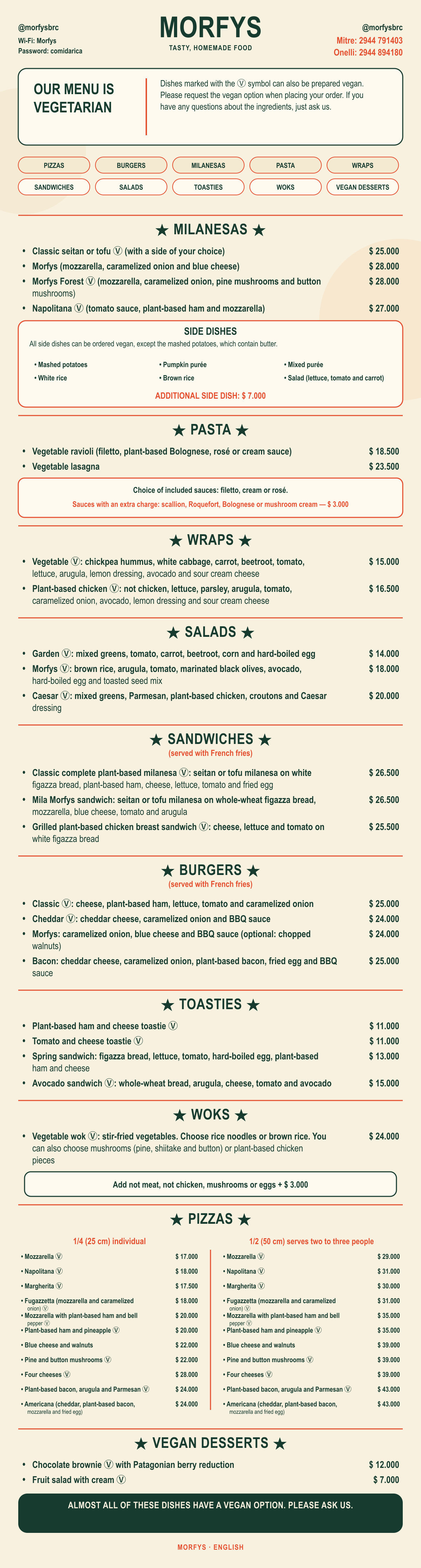 Morfys vegetarian and vegan menu